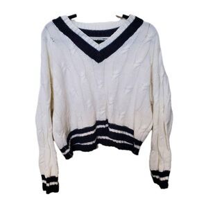 MAJOR LABEL GROUP Sweater Blue White Cropped Cable Knit Preppy Academia XL